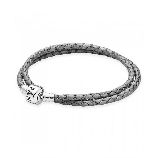 Pandora Bracelet-Silver Grey Double Leather Jewelry