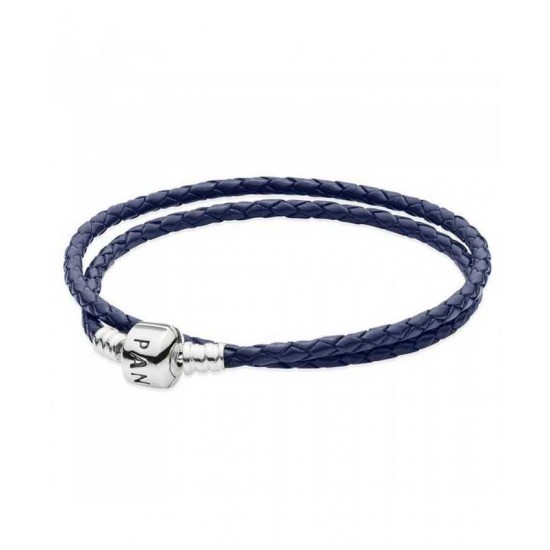 Pandora Bracelet-Silver And Dark Blue Double Leather Jewelry