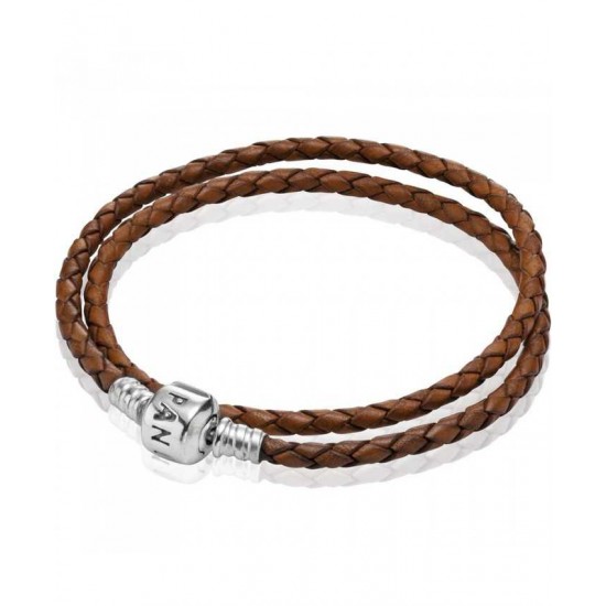 Pandora Bracelet-Silver Brown Double Braided Leather Jewelry