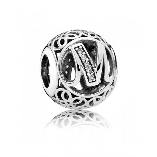 Pandora Charm-Silver Cubic Zirconia Vintage M Swirl Jewelry