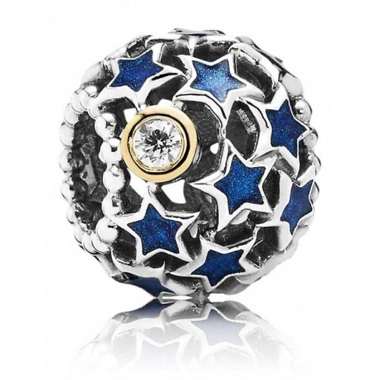 Pandora Charm-Silver Night Sky Openwork 14ct Gold Blue Enamel Star Jewelry