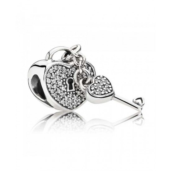 Pandora Charm-Silver Pave Cubic Zirconia Padlock And Key Jewelry