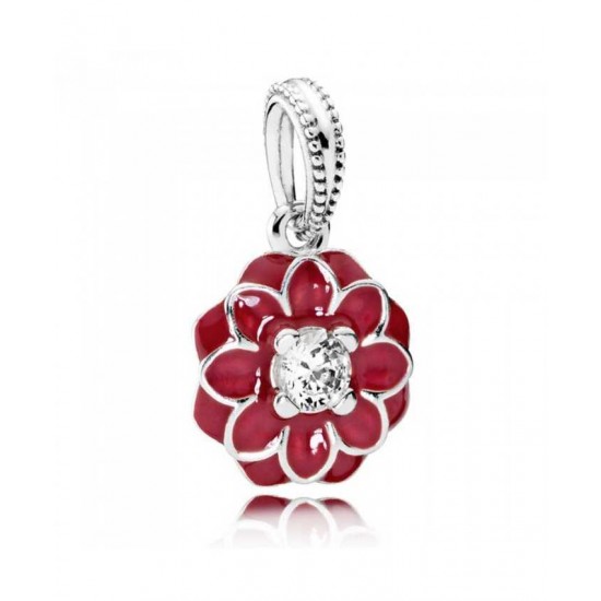 Pandora Charm-Oriental Bloom Red Enamel Flower Sterling Silver Drop Jewelry
