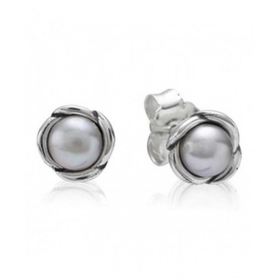 Pandora Earring-Sterling Silver Grey Freshwater Pearl Flower Studs Jewelry