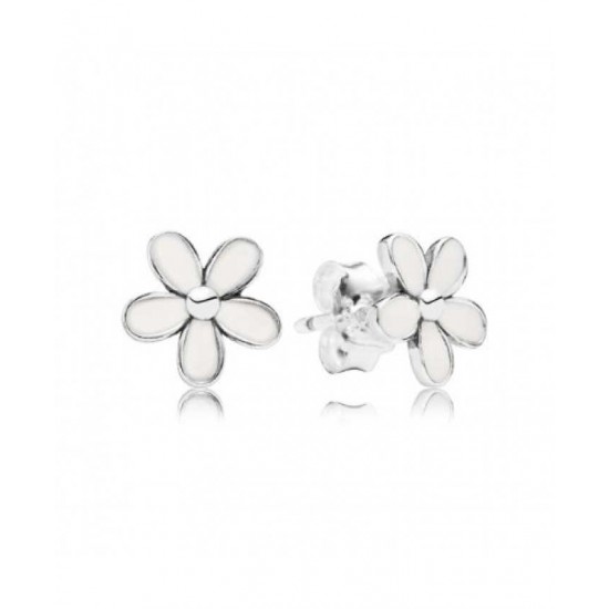 Pandora Earring-Silver White Enamel Flower Studs Jewelry