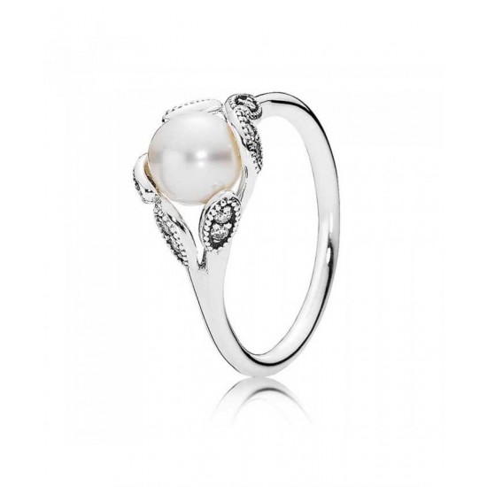 Pandora Ring-Silver Cubic Zirconia Pearl Luminous Leaves Jewelry